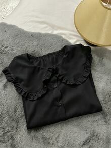 EMERY ROSE Women's Black Elegant Office Peter Pan Collar Shirt,Cute Korean Style Long Sleeve Tops,Versatile All-Match Autumn & Winter Cloth For Under/Outer Wear - Black - View 6