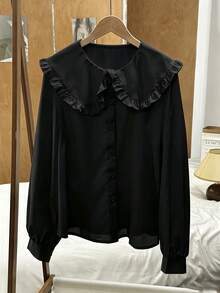 EMERY ROSE Women's Black Elegant Office Peter Pan Collar Shirt,Cute Korean Style Long Sleeve Tops,Versatile All-Match Autumn & Winter Cloth For Under/Outer Wear - Black - View 3