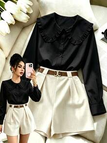 EMERY ROSE Women's Black Elegant Office Peter Pan Collar Shirt,Cute Korean Style Long Sleeve Tops,Versatile All-Match Autumn & Winter Cloth For Under/Outer Wear - Black - View 1