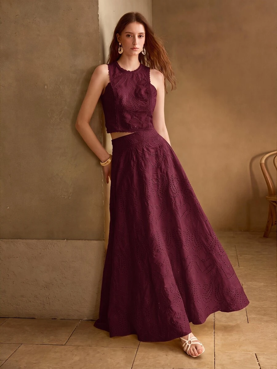 MOTF PREMIUM SPRING/SUMMER GENTLE ROMANTIC BEACH VACATION STYLE HOLLOW EMBROIDERY SLEEVELESS TOP + LONG SKIRT WOMEN'S 2-PIECE SET - Burgundy - View 1