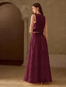 MOTF PREMIUM SPRING/SUMMER GENTLE ROMANTIC BEACH VACATION STYLE HOLLOW EMBROIDERY SLEEVELESS TOP + LONG SKIRT WOMEN'S 2-PIECE SET - Burgundy - View 3