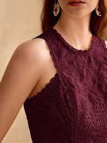 MOTF PREMIUM SPRING/SUMMER GENTLE ROMANTIC BEACH VACATION STYLE HOLLOW EMBROIDERY SLEEVELESS TOP + LONG SKIRT WOMEN'S 2-PIECE SET - Burgundy - View 2