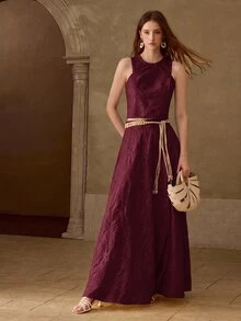 MOTF PREMIUM SPRING/SUMMER GENTLE ROMANTIC BEACH VACATION STYLE HOLLOW EMBROIDERY SLEEVELESS TOP + LONG SKIRT WOMEN'S 2-PIECE SET - Burgundy - View 5