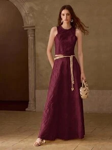 MOTF PREMIUM SPRING/SUMMER GENTLE ROMANTIC BEACH VACATION STYLE HOLLOW EMBROIDERY SLEEVELESS TOP + LONG SKIRT WOMEN'S 2-PIECE SET - Burgundy - View 6