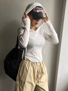 DAZY 女式春夏休闲纯色抽绳连帽修身T恤长袖女式上衣 - 白色 - 查看 9