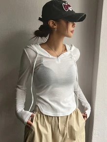 DAZY 女式春夏休闲纯色抽绳连帽修身T恤长袖女式上衣 - 白色 - 查看 3