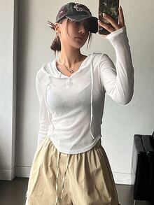 DAZY 女式春夏休闲纯色抽绳连帽修身T恤长袖女式上衣 - 白色 - 查看 5