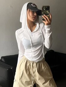 DAZY 女式春夏休闲纯色抽绳连帽修身T恤长袖女式上衣 - 白色 - 查看 8