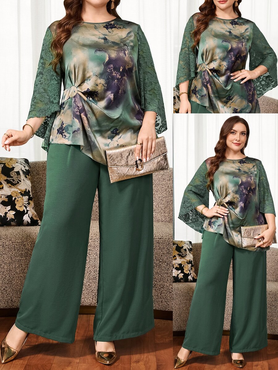 SHEIN Clasi Plus Size Elegant Party Floral Print Lace Patchwork Top & Pants 2 Pieces Set Fall Saudi National Day