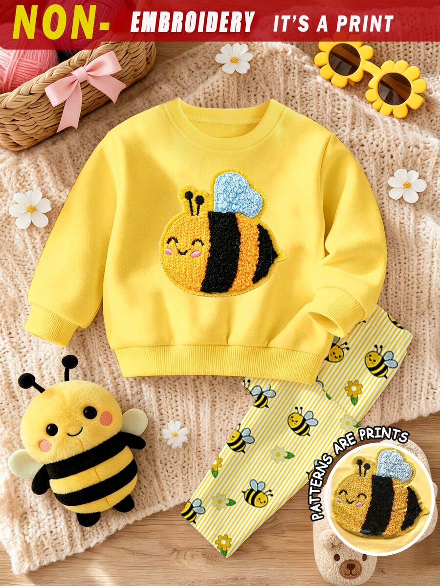 (1 Set) Autumn/Winter Baby Girl Fresh Cute Cartoon Bee & Flower Yellow Vertical Stripe Pattern Crew Neck Sweatshirt With Leggings - Multicolor - View 1