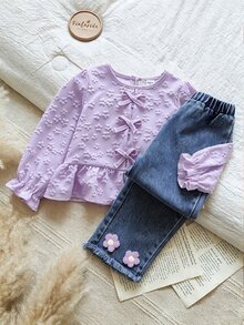 Vintaside Kids 甜美鄉村風秋季女童兩件套，黃色提花長袖上衣配蝴蝶結與3D花朵裝飾，牛仔長褲，適合日常穿著、購物與外出 - 紫色 - 查看 7