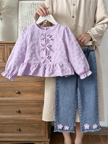 Vintaside Kids 甜美鄉村風秋季女童兩件套，黃色提花長袖上衣配蝴蝶結與3D花朵裝飾，牛仔長褲，適合日常穿著、購物與外出 - 紫色 - 查看 6