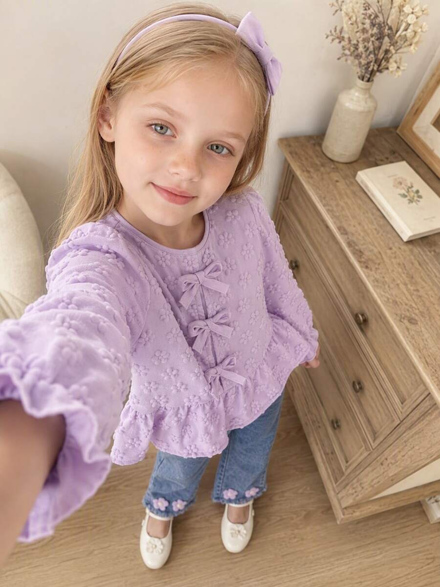 Vintaside Kids 甜美鄉村風秋季女童兩件套,黃色提花長袖上衣配蝴蝶結與3D花朵裝飾,牛仔長褲,適合日常穿著、購物與外出 - 紫色 - 查看 1
