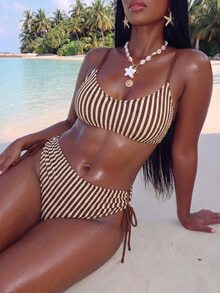 Slaydiva Plus Size Women Summer Beach Striped Spaghetti Strap Sexy Bikini And Triangle Bottom Two-Piece Swimwear Set - Multicolor - View 5