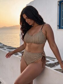 Slaydiva Plus Size Women Summer Beach Striped Spaghetti Strap Sexy Bikini And Triangle Bottom Two-Piece Swimwear Set - Multicolor - View 4