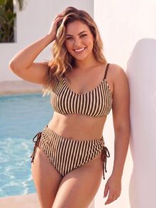 Slaydiva Plus Size Women Summer Beach Striped Spaghetti Strap Sexy Bikini And Triangle Bottom Two-Piece Swimwear Set - Multicolor - View 6