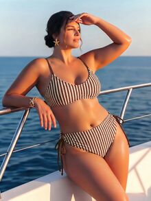 Slaydiva Plus Size Women Summer Beach Striped Spaghetti Strap Sexy Bikini And Triangle Bottom Two-Piece Swimwear Set - Multicolor - View 8