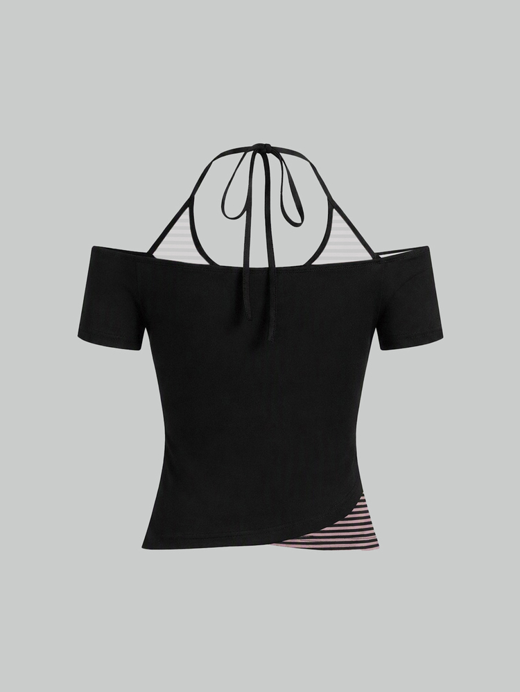Attitoon Casual Minimalist Style Black & Pink Streetwear Scroll Vine Arrow Graphic Print Colorblock Black & Grey Striped Women's 2 In 1 T-Shirt, Suitable For Spring & Summer - Multicolor - View 7
