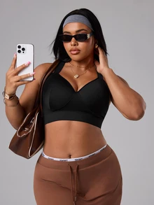 SHEIN Rhythm Era Plus Size High Support Sports Bra With Fixed Cups, Criss-Cross Adjustable Straps And Waist Clasp - Black - View 8