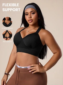 SHEIN Rhythm Era Plus Size High Support Sports Bra With Fixed Cups, Criss-Cross Adjustable Straps And Waist Clasp - Black - View 1