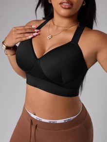 SHEIN Rhythm Era Plus Size High Support Sports Bra With Fixed Cups, Criss-Cross Adjustable Straps And Waist Clasp - Black - View 6