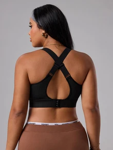 SHEIN Rhythm Era Plus Size High Support Sports Bra With Fixed Cups, Criss-Cross Adjustable Straps And Waist Clasp - Black - View 2