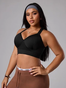 SHEIN Rhythm Era Plus Size High Support Sports Bra With Fixed Cups, Criss-Cross Adjustable Straps And Waist Clasp - Black - View 5