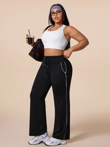 SHEIN Rhythm Era Plus Size Women's Black Waist Tie Daily Fitness Flare Leggings - Black - View 2