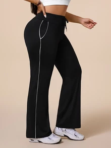 SHEIN Rhythm Era Plus Size Women's Black Waist Tie Daily Fitness Flare Leggings - Black - View 6