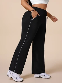 SHEIN Rhythm Era Plus Size Women's Black Waist Tie Daily Fitness Flare Leggings - Black - View 5