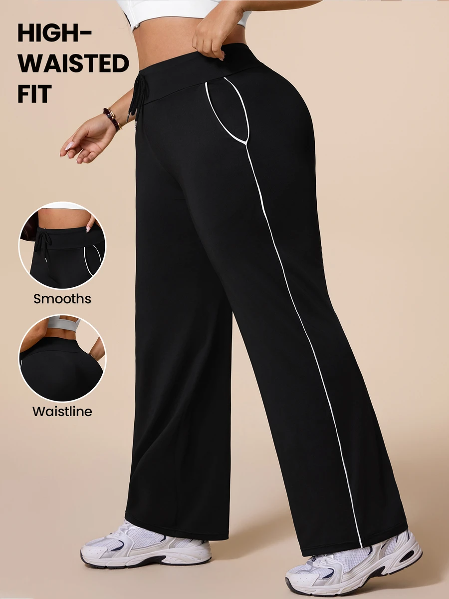 SHEIN Rhythm Era Plus Size Women's Black Waist Tie Daily Fitness Flare Leggings - Black - View 1