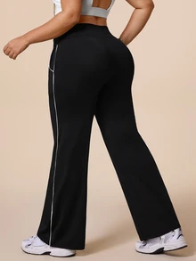 SHEIN Rhythm Era Plus Size Women's Black Waist Tie Daily Fitness Flare Leggings - Black - View 4