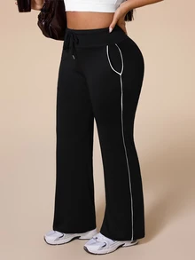 SHEIN Rhythm Era Plus Size Women's Black Waist Tie Daily Fitness Flare Leggings - Black - View 3