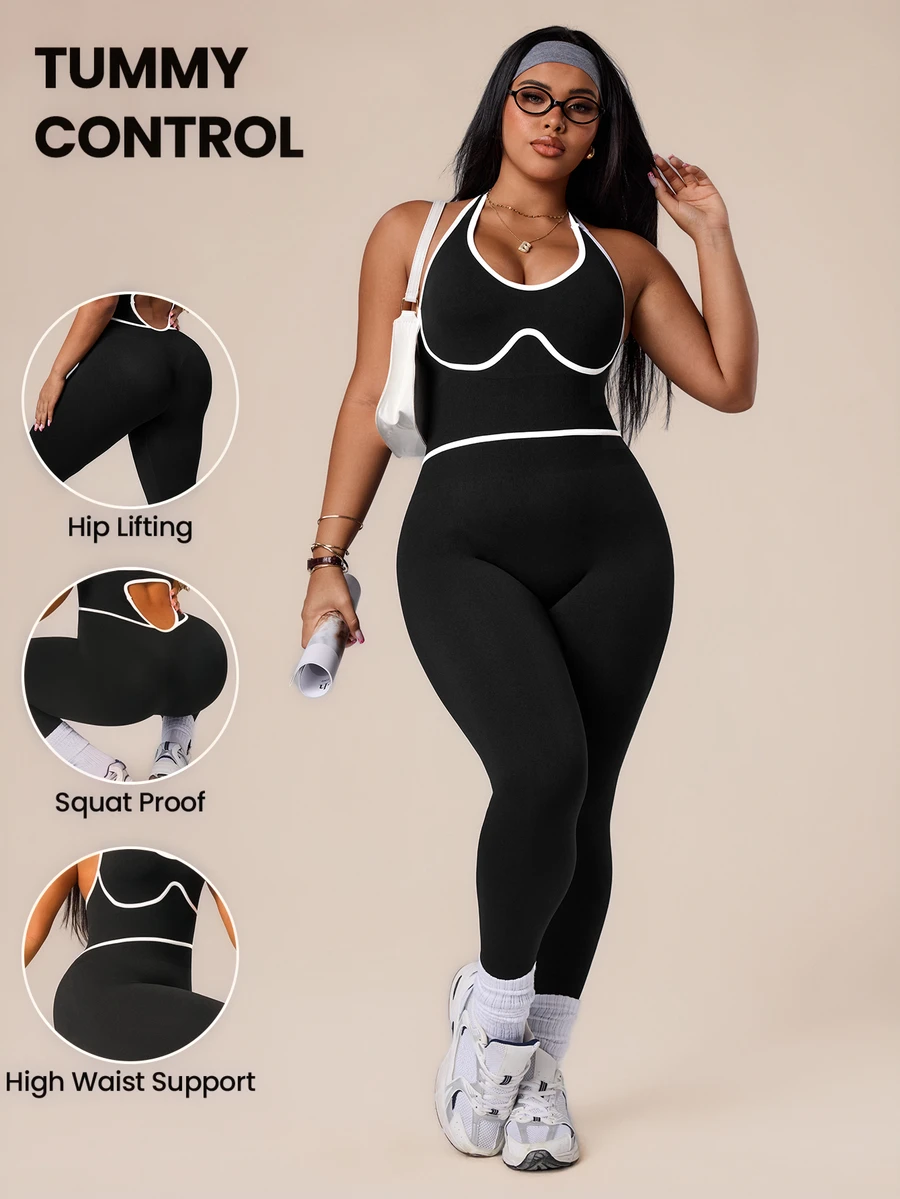 SHEIN Rhythm Era Plus Size Women's Contrast Trim Backless Halter Neck Shaping Sports Jumpsuit Gym Black And White Summer - Black - View 1