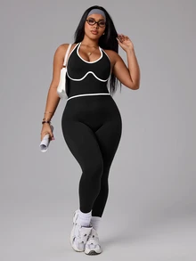 SHEIN Rhythm Era Plus Size Women's Contrast Trim Backless Halter Neck Shaping Sports Jumpsuit Gym Black And White Summer - Black - View 7