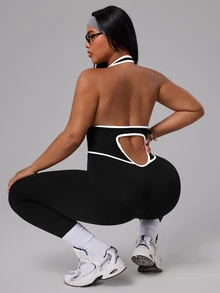 SHEIN Rhythm Era Plus Size Women's Contrast Trim Backless Halter Neck Shaping Sports Jumpsuit Gym Black And White Summer - Black - View 6
