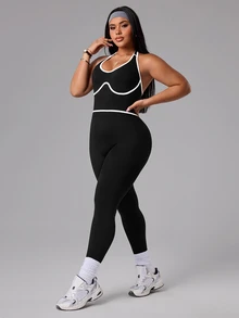 SHEIN Rhythm Era Plus Size Women's Contrast Trim Backless Halter Neck Shaping Sports Jumpsuit Gym Black And White Summer - Black - View 3