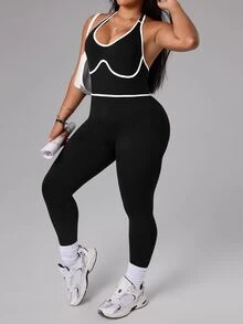 SHEIN Rhythm Era Plus Size Women's Contrast Trim Backless Halter Neck Shaping Sports Jumpsuit Gym Black And White Summer - Black - View 5
