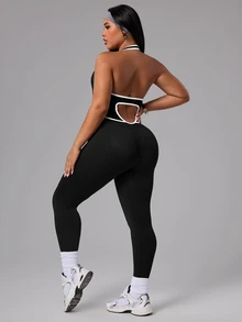 SHEIN Rhythm Era Plus Size Women's Contrast Trim Backless Halter Neck Shaping Sports Jumpsuit Gym Black And White Summer - Black - View 2