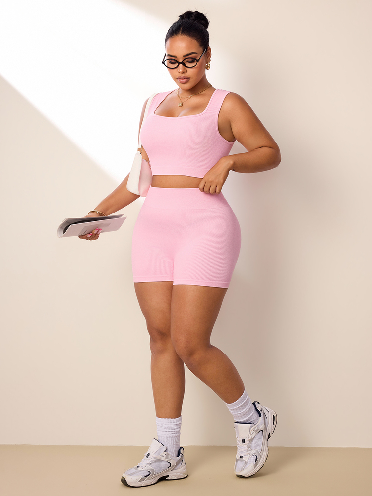 SHEIN Rhythm Era Women's Plus Size Sports Set Pastel Pink Seamless Ribbed U-Neck Yoga Fitness Tank Top And High-Waisted 3/4 Length Leggings 2pcs Sports Gym Summer - Pink - View 6