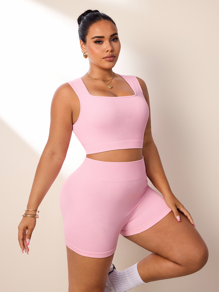 SHEIN Rhythm Era Women's Plus Size Sports Set Pastel Pink Seamless Ribbed U-Neck Yoga Fitness Tank Top And High-Waisted 3/4 Length Leggings 2pcs Sports Gym Summer - Pink - View 5