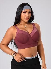 SHEIN Rhythm Era Plus-Size Sports High-Support Bra, Pink Mesh Panel, Adjustable Shoulder Straps, Adjustable Back Clasp, Breast-Enhancing And Back-Shaping Bra. - Pink - View 5