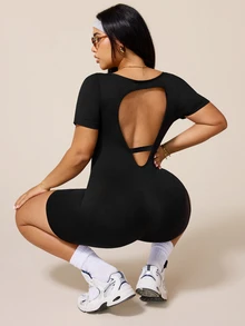 Rhythm Era Plus Size Women Seamless Backless Sports Romper - Black - View 7