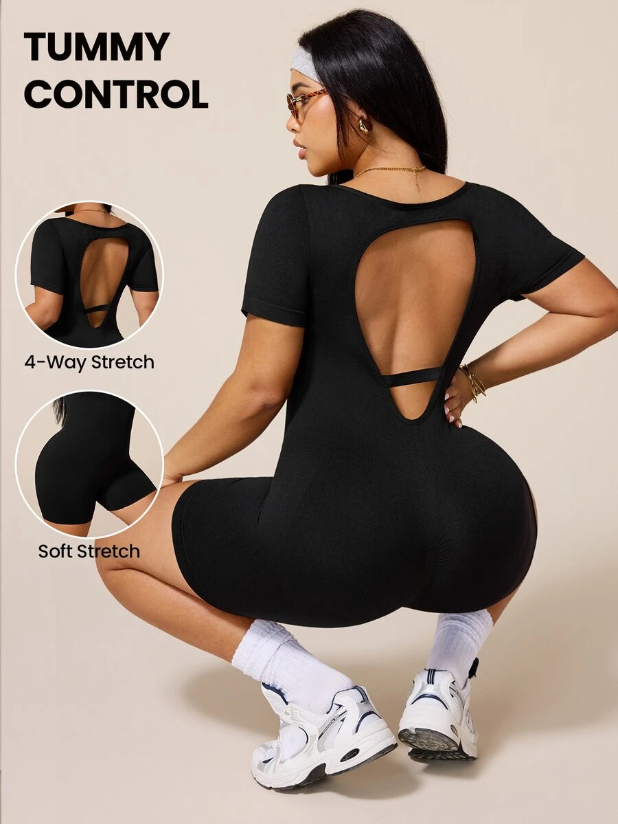 Rhythm Era Plus Size Women Seamless Backless Sports Romper - Black - View 1