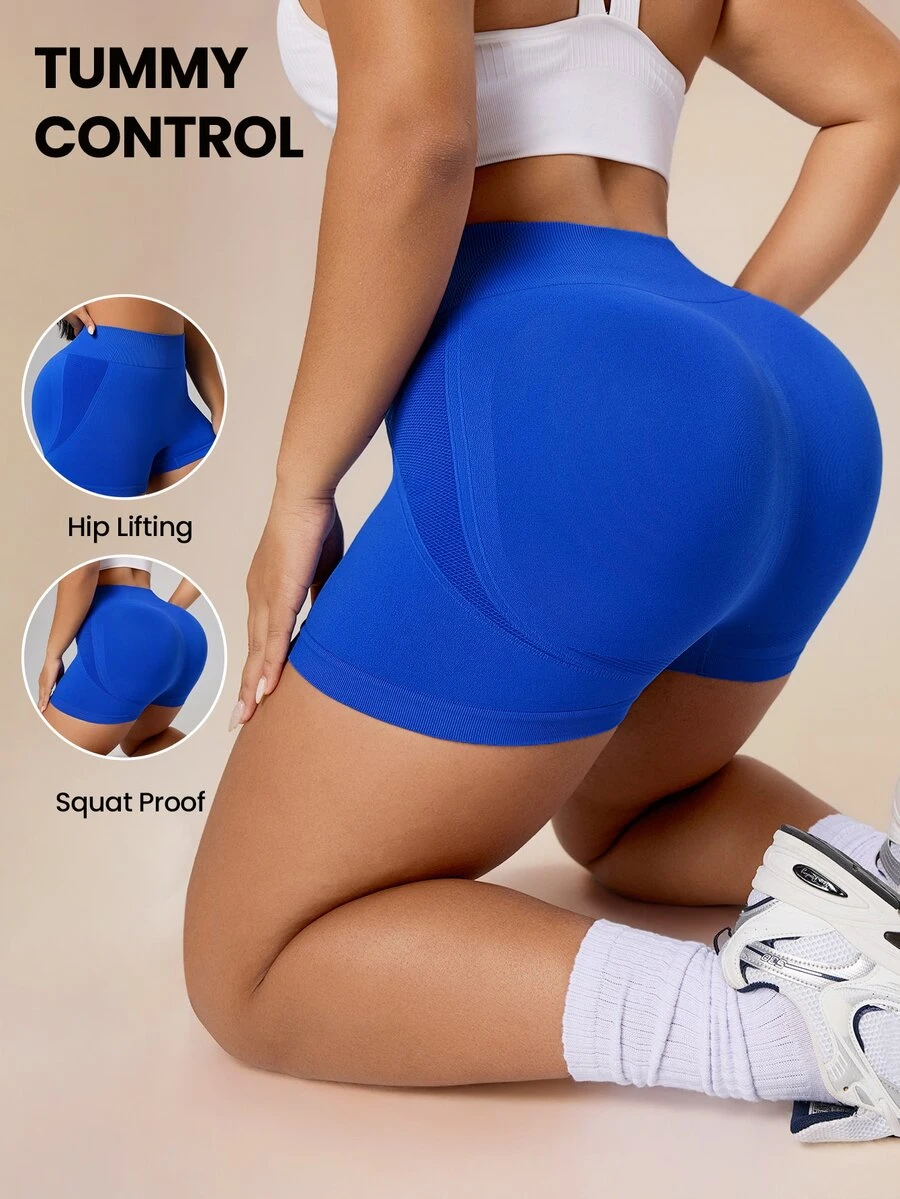 Rhythm Era 1pc Plus Size Moisture-Wicking Lifting Sports Shorts, Basic Style, Blue - Multicolor - View 1
