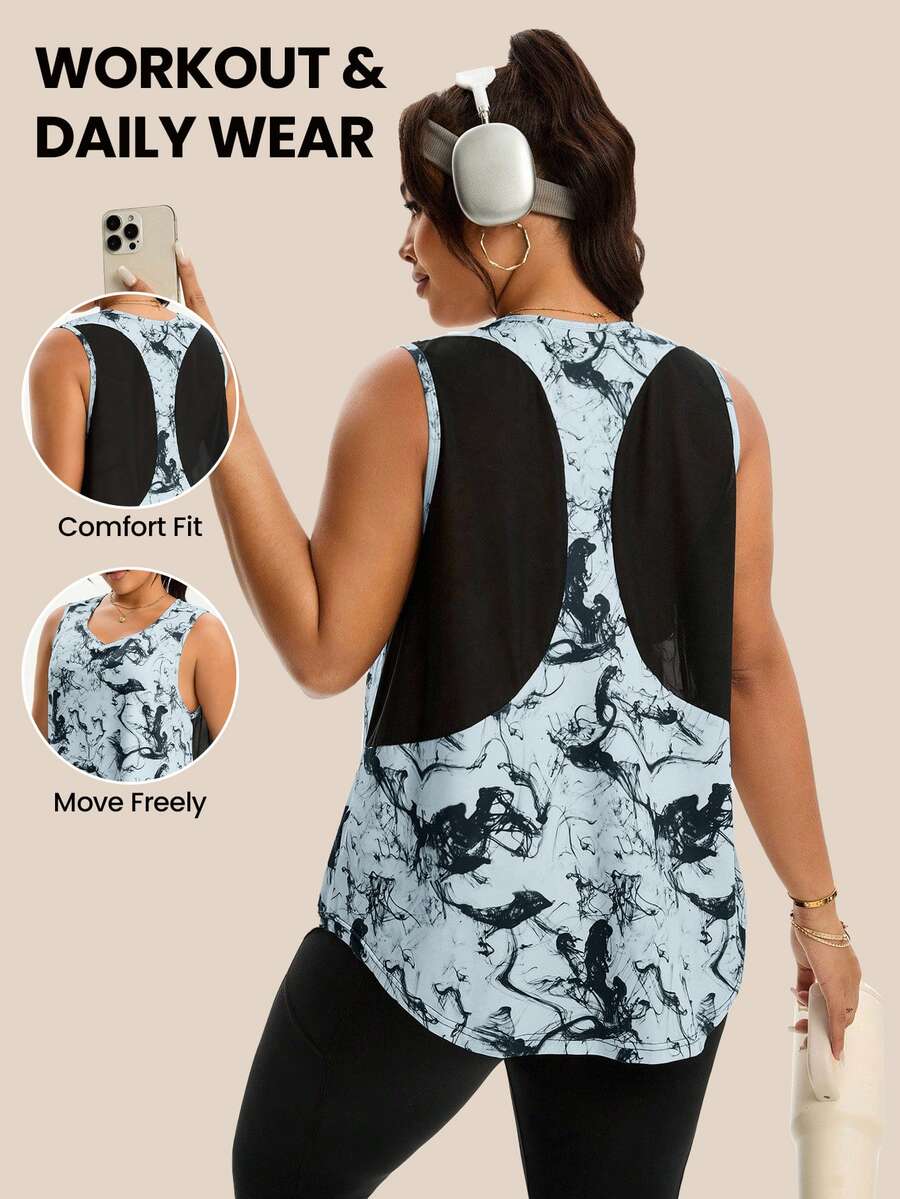 SHEIN Rhythm Era Camiseta sin mangas deportiva con estampado de bloques de color y patchwork para tallas grandes - Multicolor - Ver 1