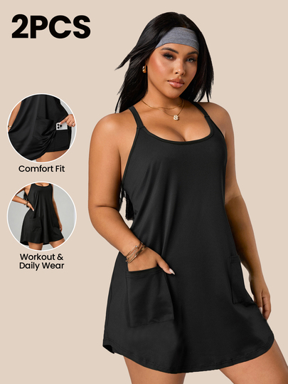 Rhythm Era Vestido deportivo de talla grande para mujer con bolsillo y tirantes de unicolor