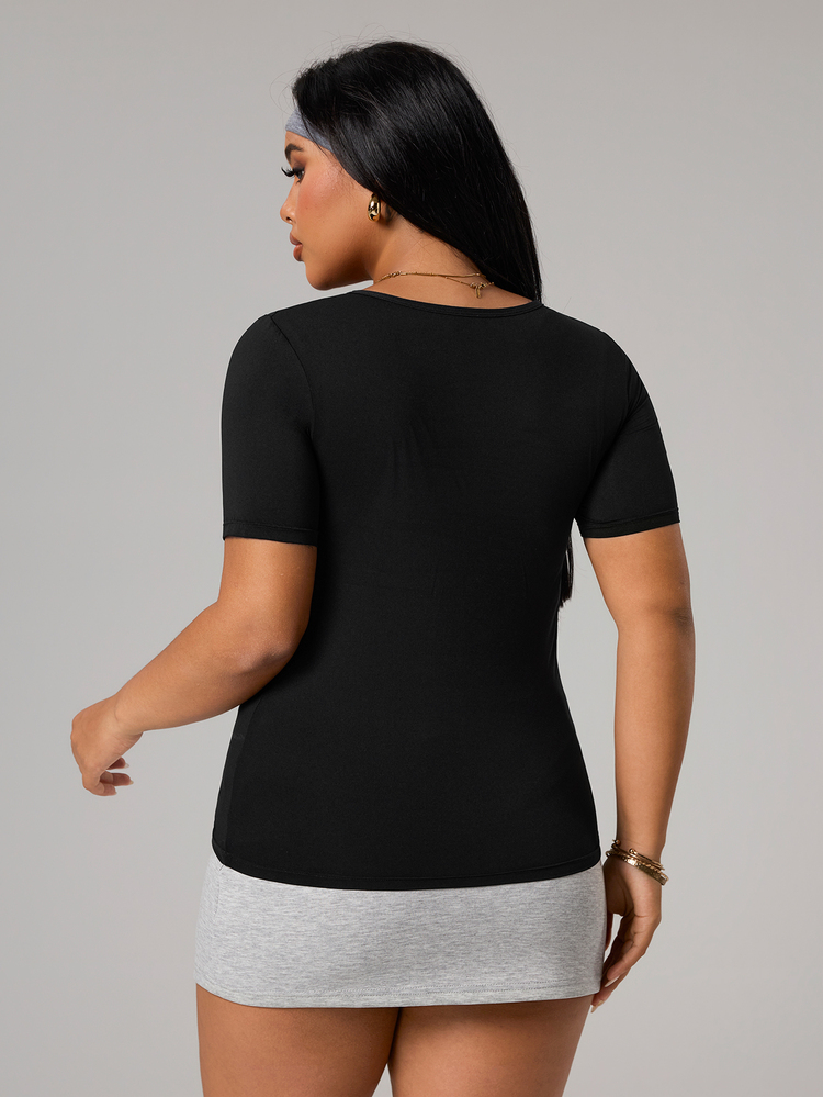 SHEIN Sports Plus Size Women's Seamless Sports T-Shirt With Built-In Bra - Black - View 2