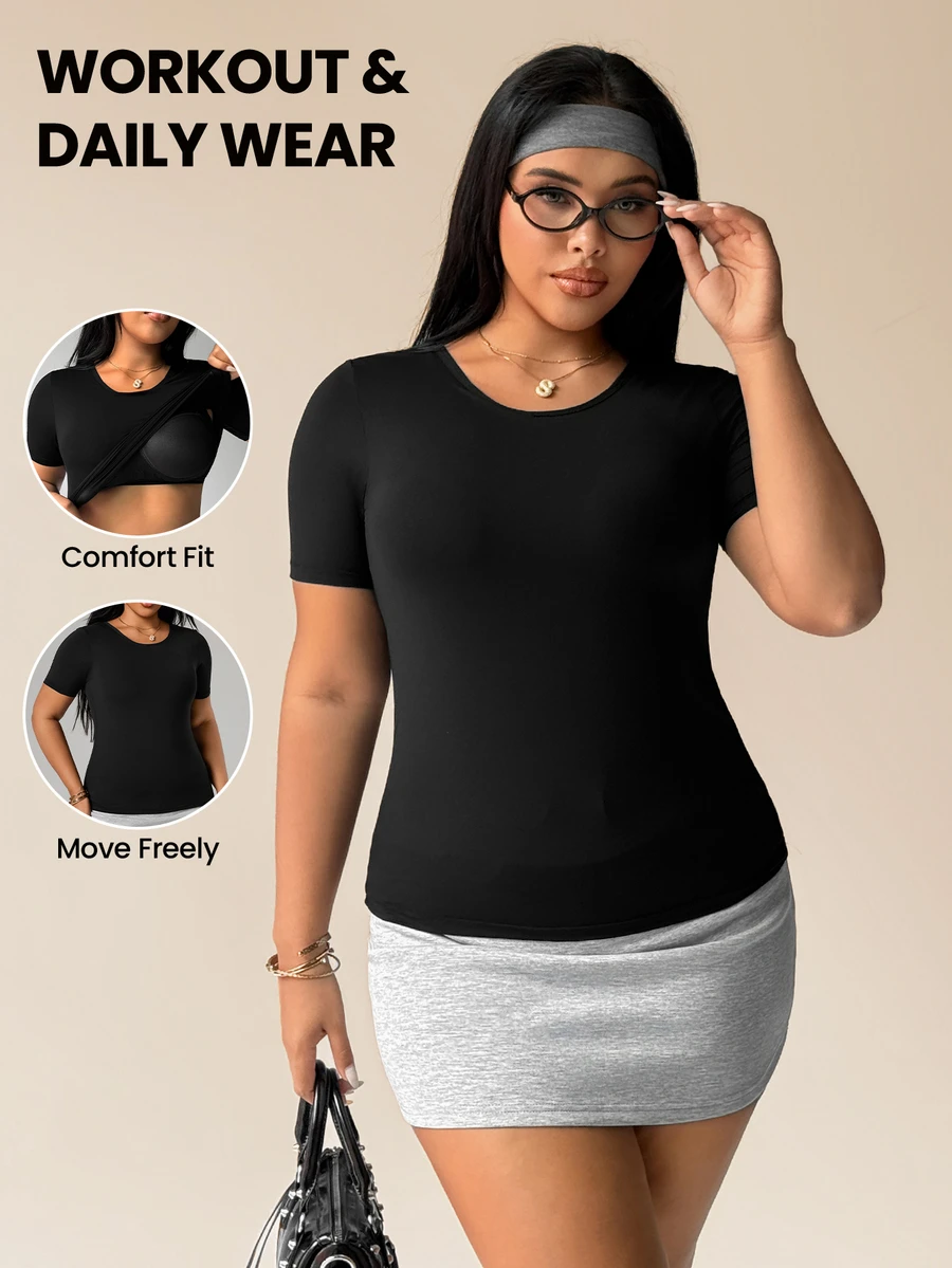 SHEIN Sports Plus Size Women's Seamless Sports T-Shirt With Built-In Bra - Black - View 1