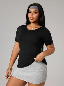 SHEIN Sports Plus Size Women's Seamless Sports T-Shirt With Built-In Bra - Black - View 4
